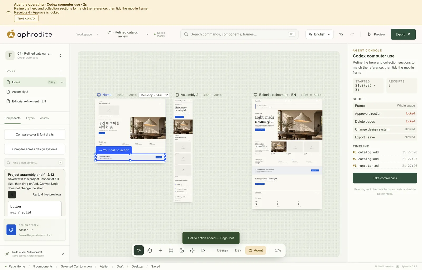 Aphrodite in Agent mode: a banner names the operating agent, the inspector shows scope, locked actions and a receipt timeline.