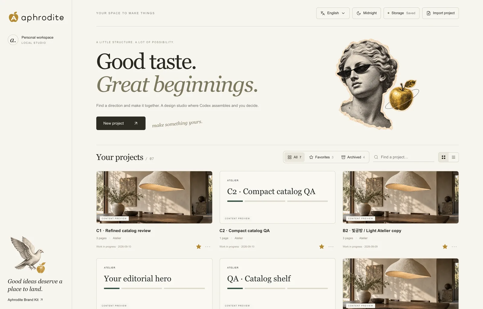 Aphrodite home: project cards with previews, filters, search and a paper-collage hero.